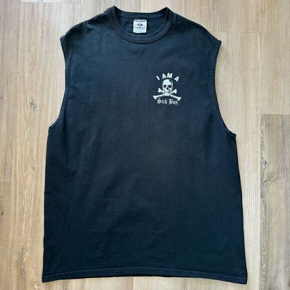Y2K Sick Boy Motorcycles XL Graphic Tank Top Black Skull Crossbones Bikercore - Picture 2 of 5